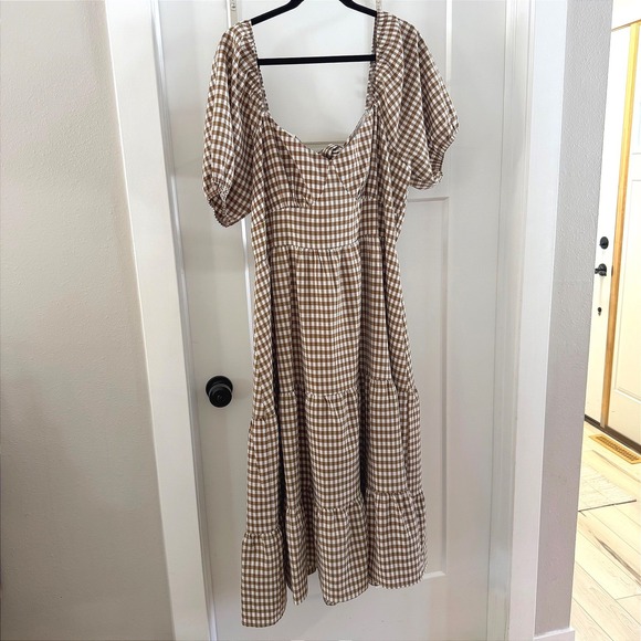 ARULA Dresses & Skirts - Arula 2X B Brown Gingham Square Neck Puff Sleeve Tiered Midi Dress Cottagecore